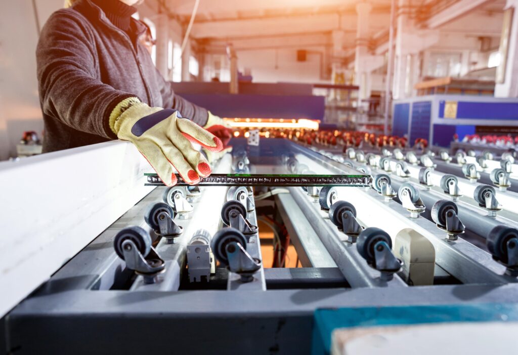 A person wearing gloves and working on an industrial conveyor belt.