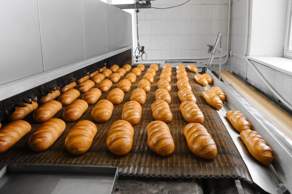 Food processing conveyor belt distributing bread.