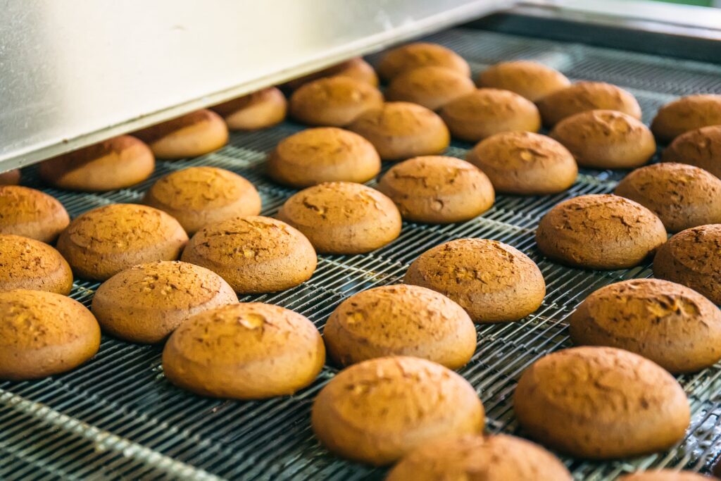 Bread rolls moving on a wire mesh conveyor belt.